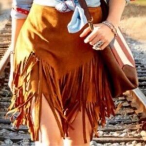 Sheryl Crow Fringe A-Line Skirt in Tan | Suede Look | Boho Western | Size M